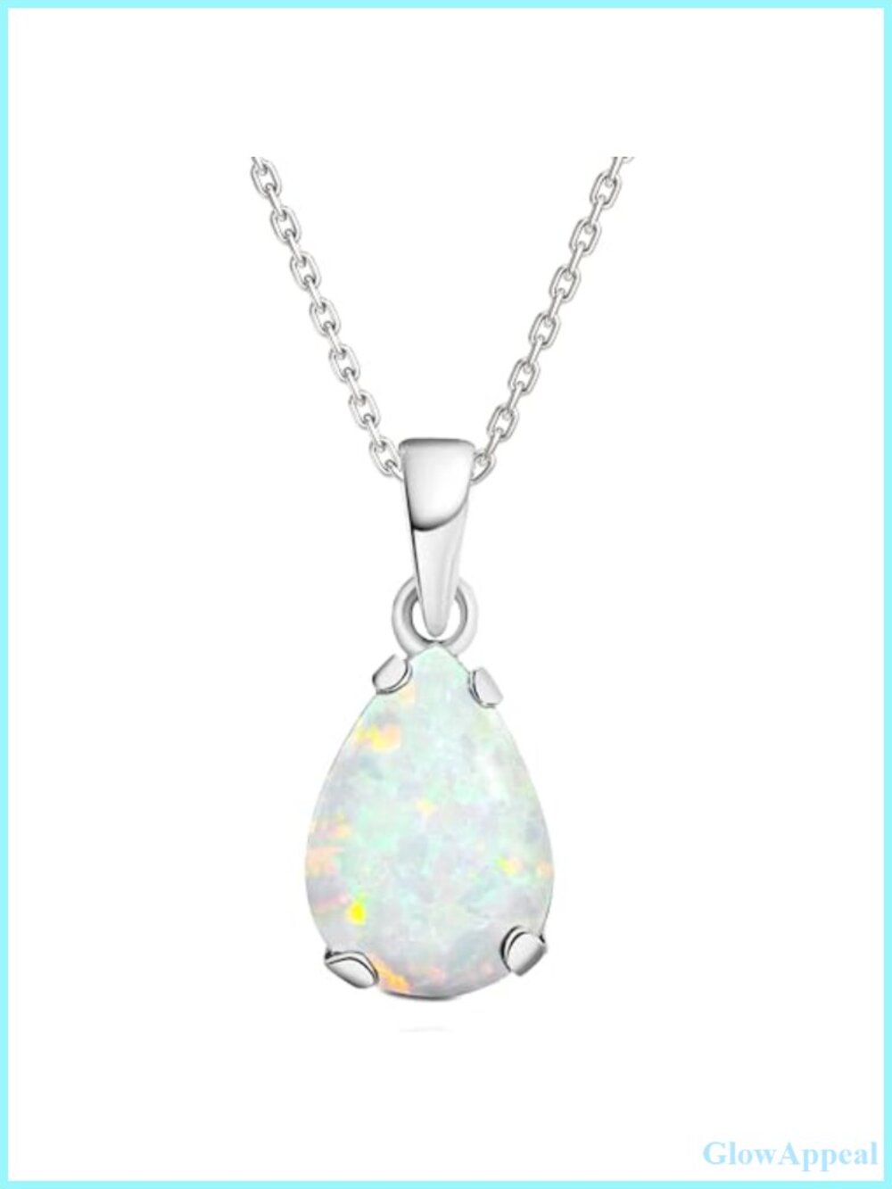 14K Solid White Gold Teardrop Pendant Necklace with Simulated White Opal